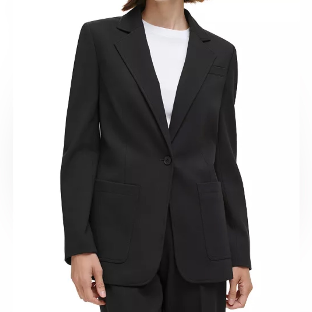 Calvin Klein Petite Notched-Collar One-Button Jacket Classic Black Knit Blazer